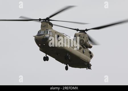 D-483, a Boeing CH-47F Chinook heavy-lift helicopter operated by the Royal Netherlands Air Force (RNLAF), arriving at RAF Fairford in Gloucestershire, England to participate in the Royal International Air Tattoo 2023 (RIAT 2023). Stock Photo