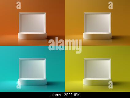 3D white podium mockup is perfect for showcasing your products. It features a bright color background and a square frame backdrop. Vector illustration Stock Vector