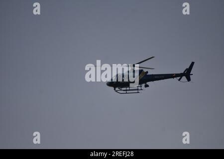 Police aviation overhead watching the incident unfold. Suspects were taken into custody following a barricaded situation in Philadelphia, Pennsylvania, United States on July 27, 2023. Three suspects were originally taken into custody following a short standoff, after a short while, the suspects were taken into custody. One person was released from custody and the other two individuals remained in custody. Originally, one person, a 21-year-old black male that was inside the residence on Buist Avenue was wanted for a shooting, was armed with a gun and refused to vacate the house. Stock Photo