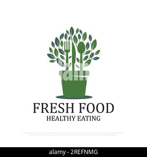 Fresh food logo design vector,health organic plants growing in the pots vector illustrations template Stock Vector