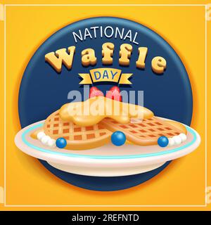 National waffle day. 3d vector of waffles on a plate topped with honey, blueberries and srawberries. Suitable for national waffle day celebration and Stock Vector