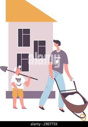 Dad and son working on building on construction site by house, father and small kid with instrument helping daddy. Man with wheelbarrow and material, Stock Vector