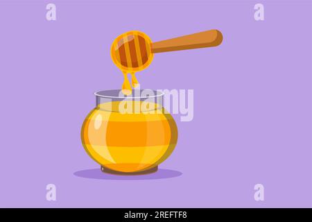 Character flat drawing fresh sweet natural gold honey on glass jar with wooden dipper. Healthy natural food store organic supplement icon for cafe or Stock Photo