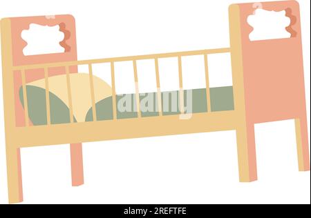 Furniture for kids nursery room, bed for kiddo. Isolated wooden crib with pillows and blankets. Trendy minimalist furnishing for bedroom, contemporary Stock Vector