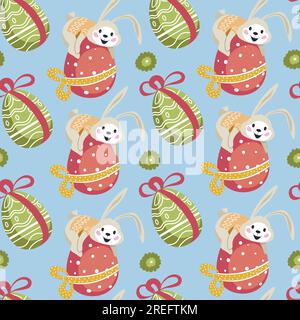 Spring holiday celebration, easter traditions and customs. Boiled colored egg with decorative ribbon bow and bunny. Hare with long ears. Seamless patt Stock Vector