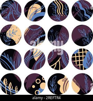 Story highlights for social media, isolated small icons with texture of flowers and blooming botany, leaves and minimalist shapes. Trendy and contempo Stock Vector