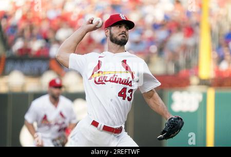 St. Louis, United States. 27th July, 2023. St. Louis Cardinals pitcher Dakota Hudson delivers a pitch to the Chicago Cubs in the first inning at Busch Stadium in St. Louis on Thursday, July 27, 2023. Hudson had to come in after starting pitcher Miles Mikolas was ejected for hitting Cubs Ian Happ with a pitch. Photo by Bill Greenblatt/UPI Credit: UPI/Alamy Live News Stock Photo