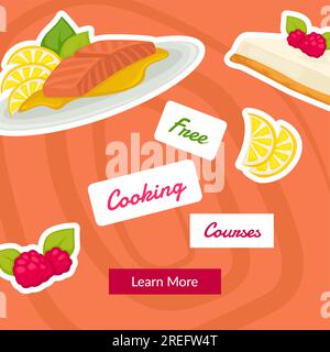 Online lessons and classes for cooking courses. Education and learning skills for free. Prepared meals and dishes desserts. Promo banner, advertisemen Stock Vector