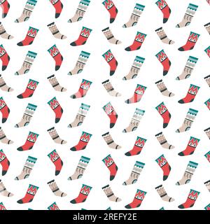 Xmas and new year celebration, knitted socks with ornaments, woolen and warm clothes for winter frosts and cold season. Christmas seamless pattern, ba Stock Vector