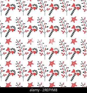 Xmas sweet candy with diagonal lines and decorative ribbon, dry autumn leaves and branches. Happy new year and Christmas holidays. Seamless pattern, b Stock Vector