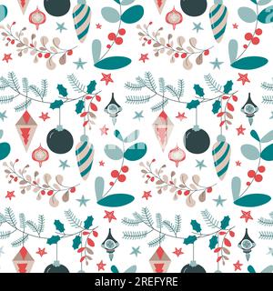 Happy new year and merry christmas, pine tree branches with elongated baubles and balls, mistletoe and evergreen foliage and flora. Seamless pattern, Stock Vector