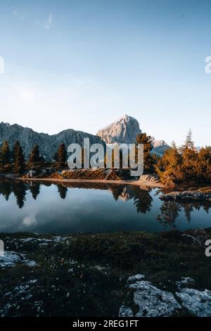 Beautiful sunset view on Lago di Limides in the Falzarego Pass Dolomites, Italy Stock Photo