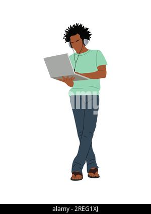 Black Business man working at laptop vector. Stock Vector