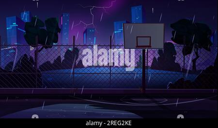 Night basketball court in rainy weather. Vector cartoon illustration of water puddles on dark playground for outdoor sport activities, rainfall pouring, lightning in sky above big city buildings Stock Vector