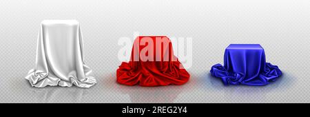 Realistic set of podiums covered with white, red, blue silk cloth. Vector illustration of surprise hidden under satin fabric with drapery waves isolated on transparent background, product presentation Stock Vector