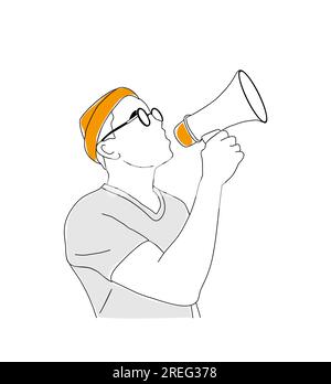 Young man shouting by megaphone vector isolated. Stock Vector