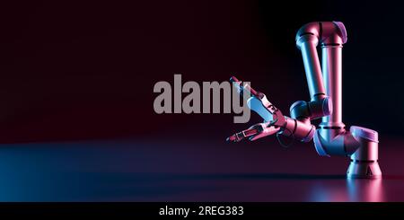 robotic arm 3d on dark neon background. Robotic arm futuristic neon background. concept of automatization, machinery, robotic technology, industrial r Stock Photo