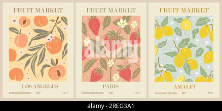Set of Abstract Fruit Market retro posters vector. Stock Vector