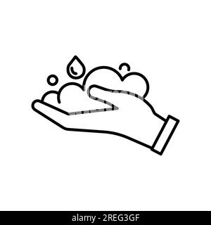 Foam Cream on Hand Line Icon. Whipped Soap on Hand Linear Pictogram. Wash, Cleansing, Hygiene Skin Concept. Outline Icon. Editable Stroke. Stock Vector