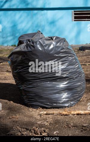 https://l450v.alamy.com/450v/2reg47e/one-black-bag-with-garbage-old-fallen-leaves-branches-on-the-ground-against-the-blue-wall-of-the-house-spring-cleaning-city-street-cleaning-2reg47e.jpg