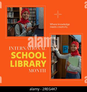 Collage of biracial woman in hijab with tablet in library, international school library month text Stock Photo