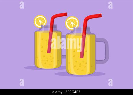 Cartoon flat style drawing fresh delicious lemonade ice with sliced lemon for restaurant menu label, flyer, sticker, symbol. Drink cafe shop logo temp Stock Photo