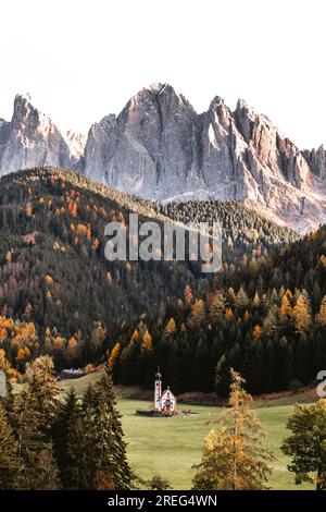 Beautiful shot of Chiesetta di San Giovanni Church in Ranui Dolomites Italy Stock Photo