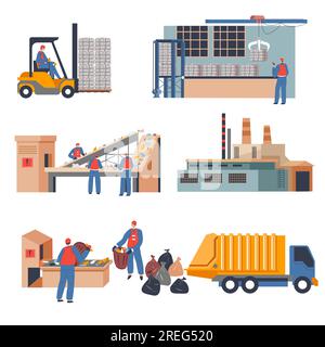 People working on recycling factory or facility center sorting garbage and cleaning environment. Truck for transportation, conveyor belt for separatio Stock Vector