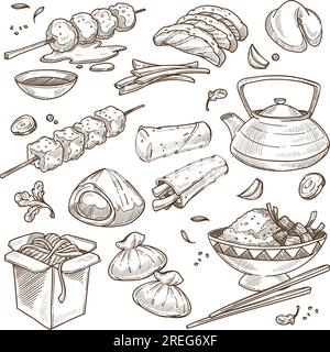 Asian cuisine, dishes of China monochrome sketch outline. Dumplings and tea in kettle, skewer with meat and noodles in box, rice served with chopstick Stock Vector