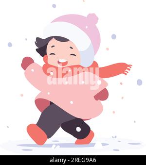 Hand Drawn children playing in the snow at christmas in flat style isolated on background Stock Vector