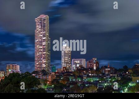 A night view looking across East Sydney and Darlinghurst towards the highrise Horizon Apartments and Kings Cross in Sydney, Australia. Stock Photo
