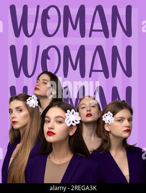 Vertical image of business dressed five women with painted flowers in hair over violet background with inscription. Stock Photo