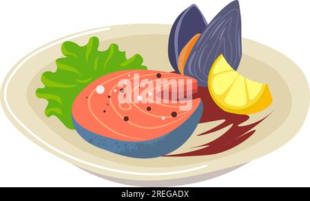 Seafood dish in restaurant, plate with served salmon fillet grilled or baked, mussels and lemon slice with salad leaf as adornment. Dinner or lunch in Stock Vector