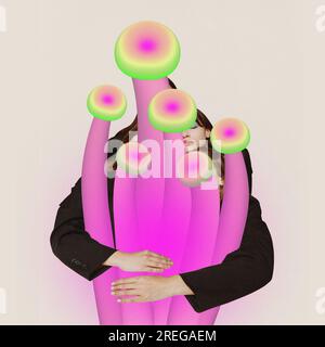 Abstract image of young women with closed eyes hugs 3d neon rainbow mashrooms over pastel beige background. Stock Photo