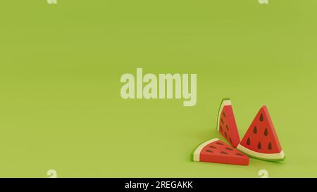 Red sliced watermelon with green rind and seeds on green background. 3D rendering. Background. For text. Stock Photo
