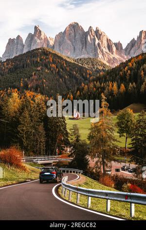 Road leading to Chiesetta di San Giovanni Church in Ranui Dolomites Italy Stock Photo