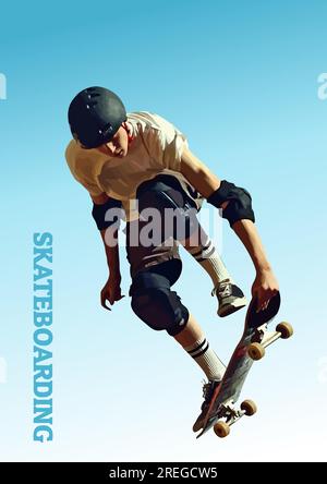 Skater male rides on skateboard at skate park ramp. 3d vector color illustration. Stock Vector