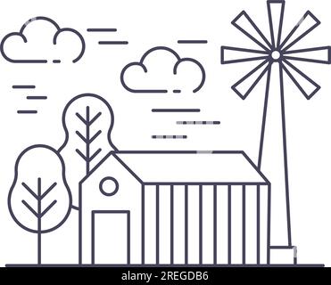 Village and country area landscape. Barn with mill and propellers, windmill and production of flour. Agriculture and eco farming, ecological and bio p Stock Vector