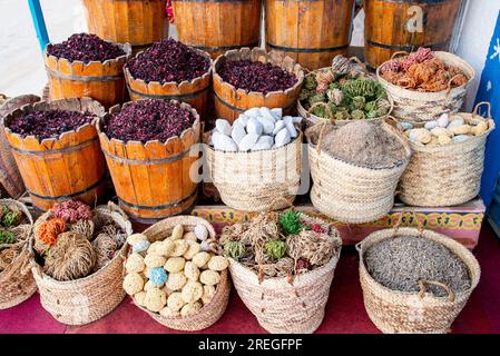 Baskets of spices and herbs in the Egyptian market Stock Photo