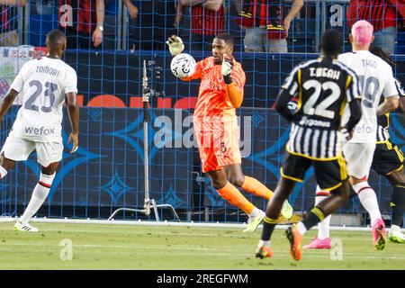 Los Angeles, United States. 27th July, 2023. AC Milan goalkeeper Mike Maignan (2nd L) in action during a Soccer Champions Tour match between the AC Milan and the Juventus F.C. in Carson. Final score; Juventus 3:2 AC Milan Credit: SOPA Images Limited/Alamy Live News Stock Photo