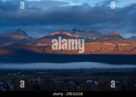 Landscape of Trevelin town during a foggy morning Stock Photo