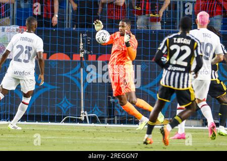 Los Angeles, United States. 27th July, 2023. AC Milan goalkeeper Mike Maignan (2nd L) in action during a Soccer Champions Tour match between the AC Milan and the Juventus F.C. in Carson. Final score; Juventus 3:2 AC Milan (Photo by Ringo Chiu/SOPA Images/Sipa USA) Credit: Sipa USA/Alamy Live News Stock Photo