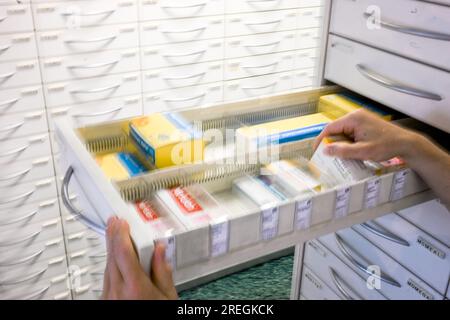 Berlin, Germany. 24th July, 2023. Medicines stored in a drawer in a pharmacy. Credit: Jens Kalaene/dpa/Alamy Live News Stock Photo