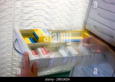 Berlin, Germany. 24th July, 2023. Medicines stored in a drawer in a pharmacy. Credit: Jens Kalaene/dpa/Alamy Live News Stock Photo