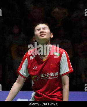 Tokyo, JAPAN. 28th July, 2023. Han Yue of China reacts during the women's singles quarter finals against Tai Tzu Ying of Chinese Taipei at the JAPAN Open Badminton Championships 2023 in TOKYO, JAPAN, July 28, 2023. Credit: Zhang Yiyi/Xinhua/Alamy Live News Stock Photo
