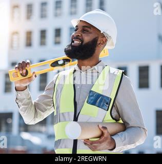 Outdoor, engineer and black man with blueprint, thinking or planning with solution, problem solving or happiness. .Engineering, manager or architect Stock Photo