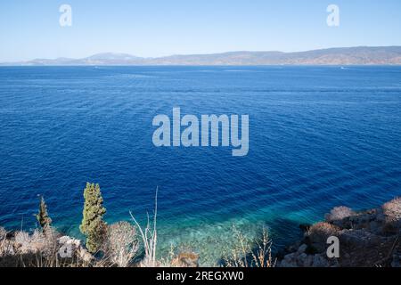 View across the sea in Hydra, Greece. Stock Photo