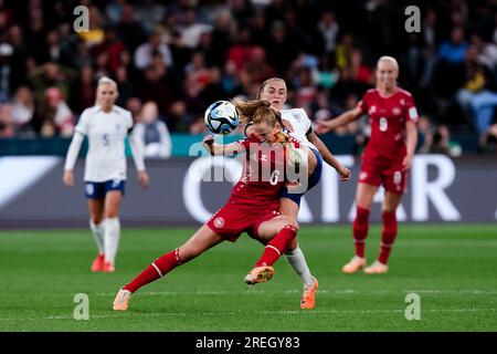 Sydney, Australia, 28 July, 2023. Georgia Stanway of England passes the ball under pressure from Karen Holmgaard of Denmark during the Women's World Cup football match between England and Denmark at Allianz Stadium on July 28, 2023 in Sydney, Australia. Credit: Damian Briggs/Speed Media/Alamy Live News Stock Photo