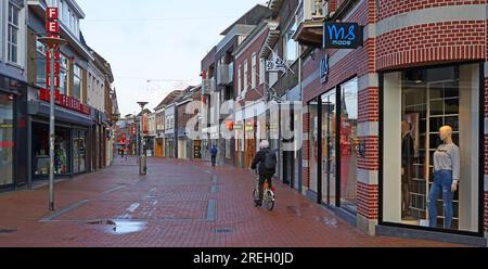 Winschoten, Netherlands - Jan 30 2023 A street called Langestraat on a Monday morning in winter.  The shops in the city center are closed on Monday mo Stock Photo