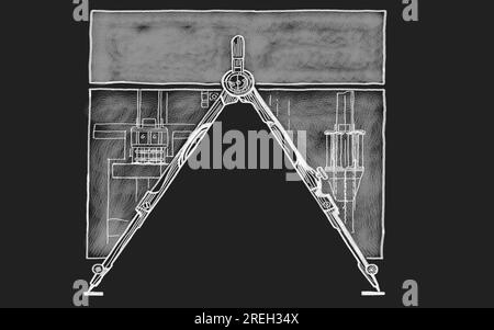 Chalk drawn sketch of a Compass (drawing tool) on blackboard background. Stationery Supplies for Education or Science. Space available between legs fo Stock Photo